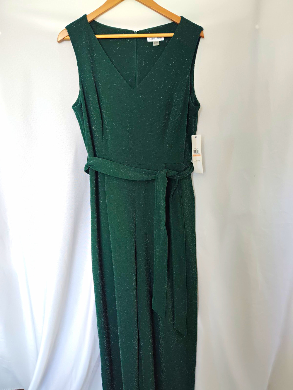 Calvin Klein Women’s Green V-Neck Sleeveless Wide-Leg Belted Jumpsuit 12